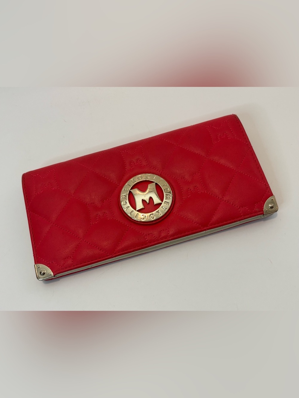 METROCITY ($265) Red Quilted Leather Bifold Continental Wallet AUTHENTIC